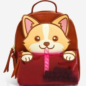 Kids Brown Corgi Face Backpack with Pink Pocket